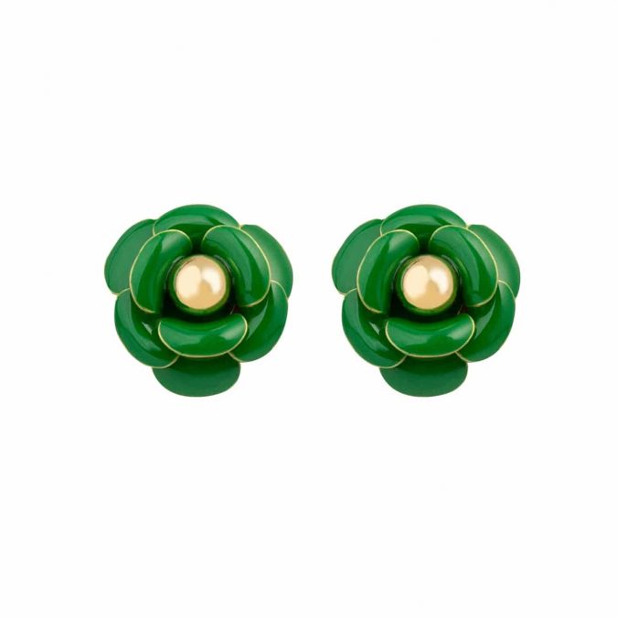 Brinco Flor Esmaltado Pequeno Verde no Banho de Ouro 18K